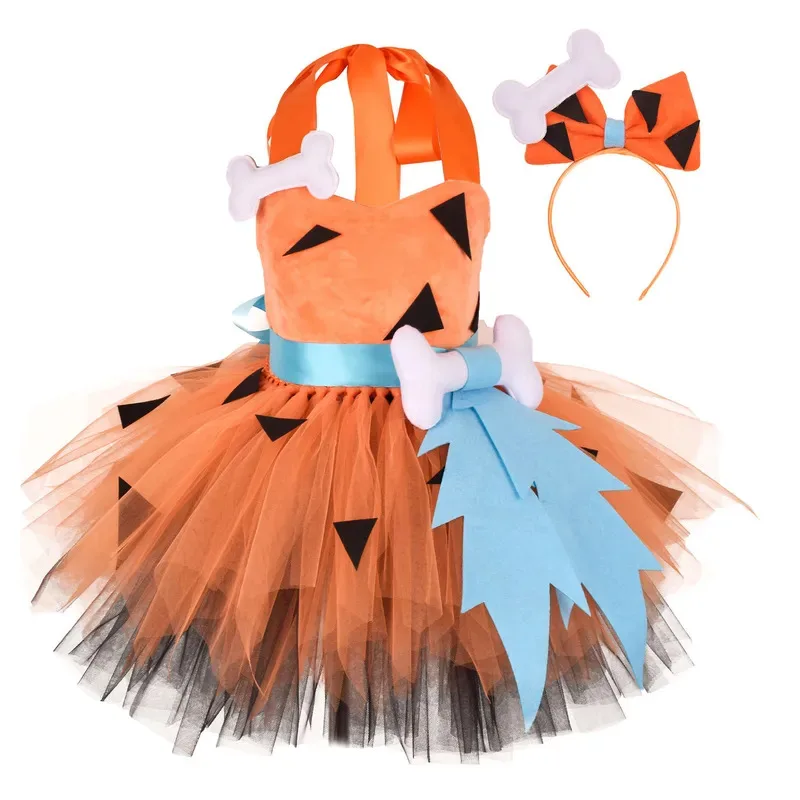 

AD1 2022 Baby Halloween Costume Clothing Flinstones Pebbles Kids Girls Cosplay Tutu Dress With Hairpin Stage Performance Co5@rD~