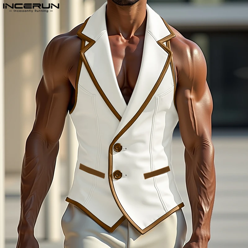 

INCERUN Men Vests Patchwork Lapel Sleeveless Button Elegant Male Waistcoats Streetwear 2025 Fashion Casual Vests Spring Autumn