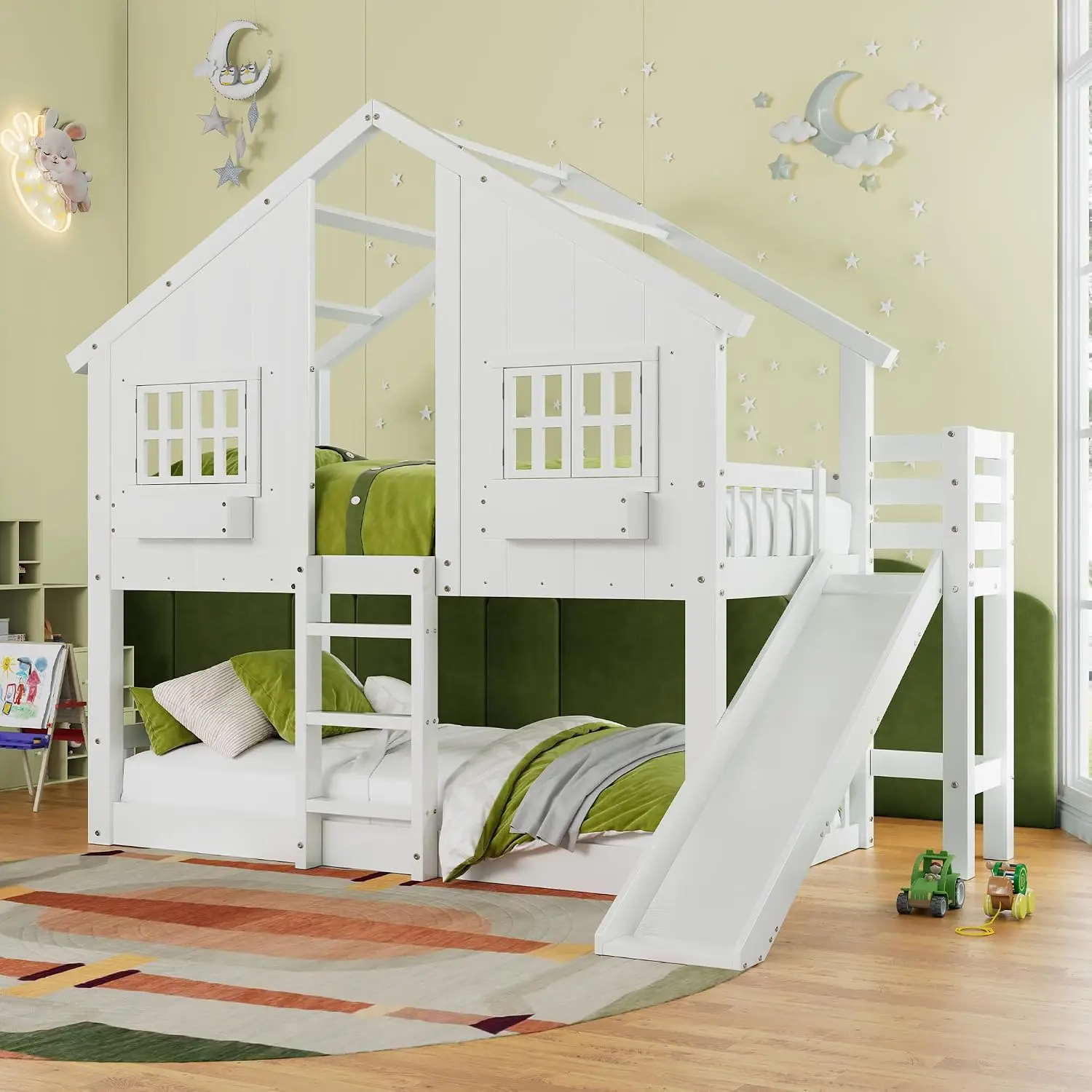 Twin Bunk Bed with Slide & Ladder, Solid Wood, Play House, Guardrails, Window Shelf, No Box Spring, Noise-Free, Customized