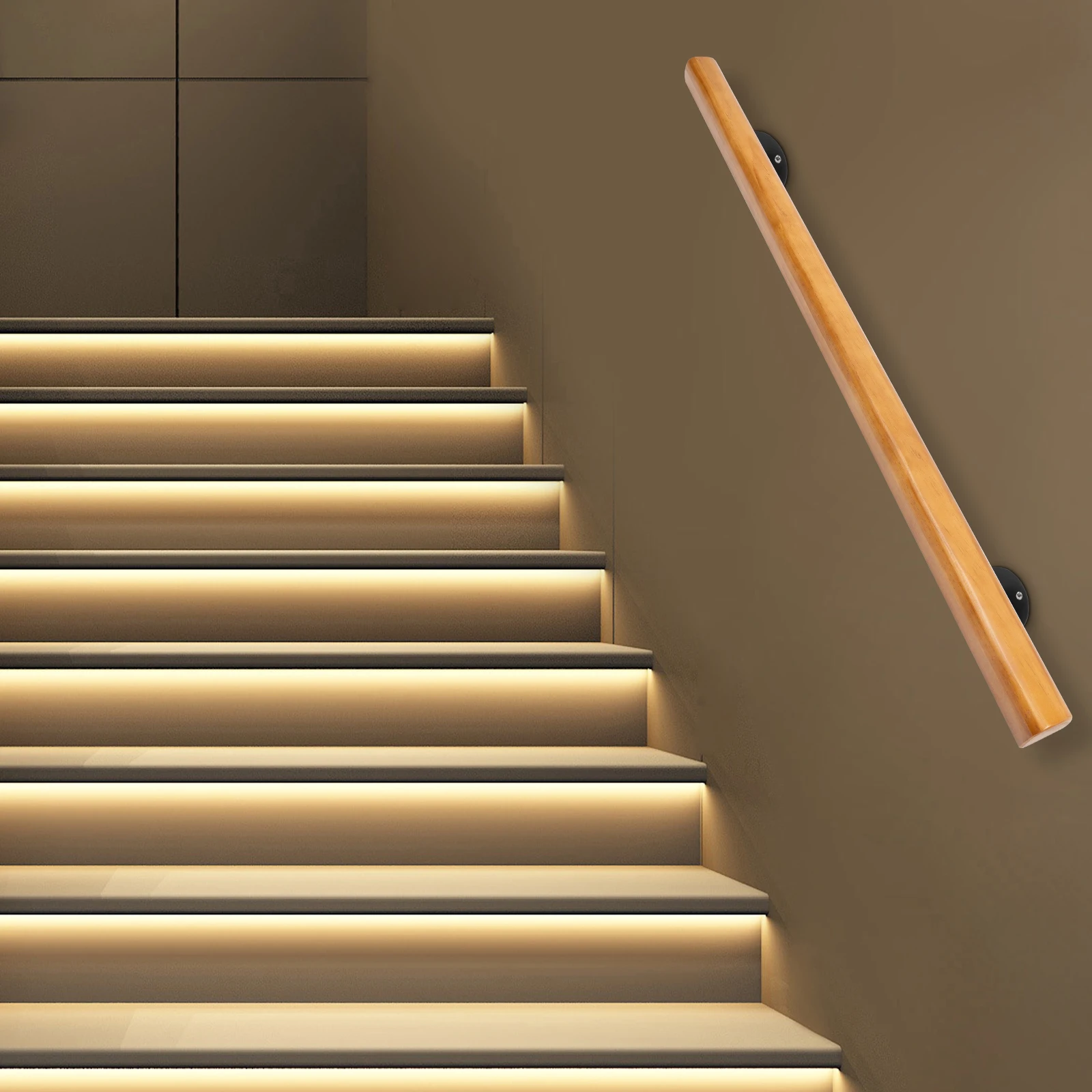 4FT Bracket Solid Wood Stair Handrail, Non-Slip Interior Staircase Safety Railing, Premium Pine Wood Guardrail Support System