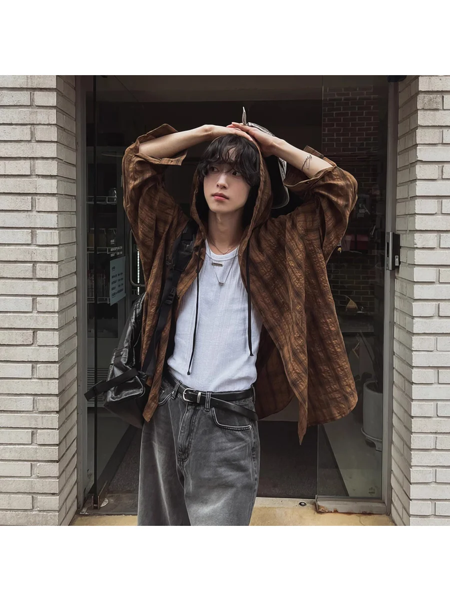 Retro Coffee Color Hooded Plaid Long Sleeve Shirt Men's Women's Summer Lightweight Lazy Style Loose Sun Protection Coat