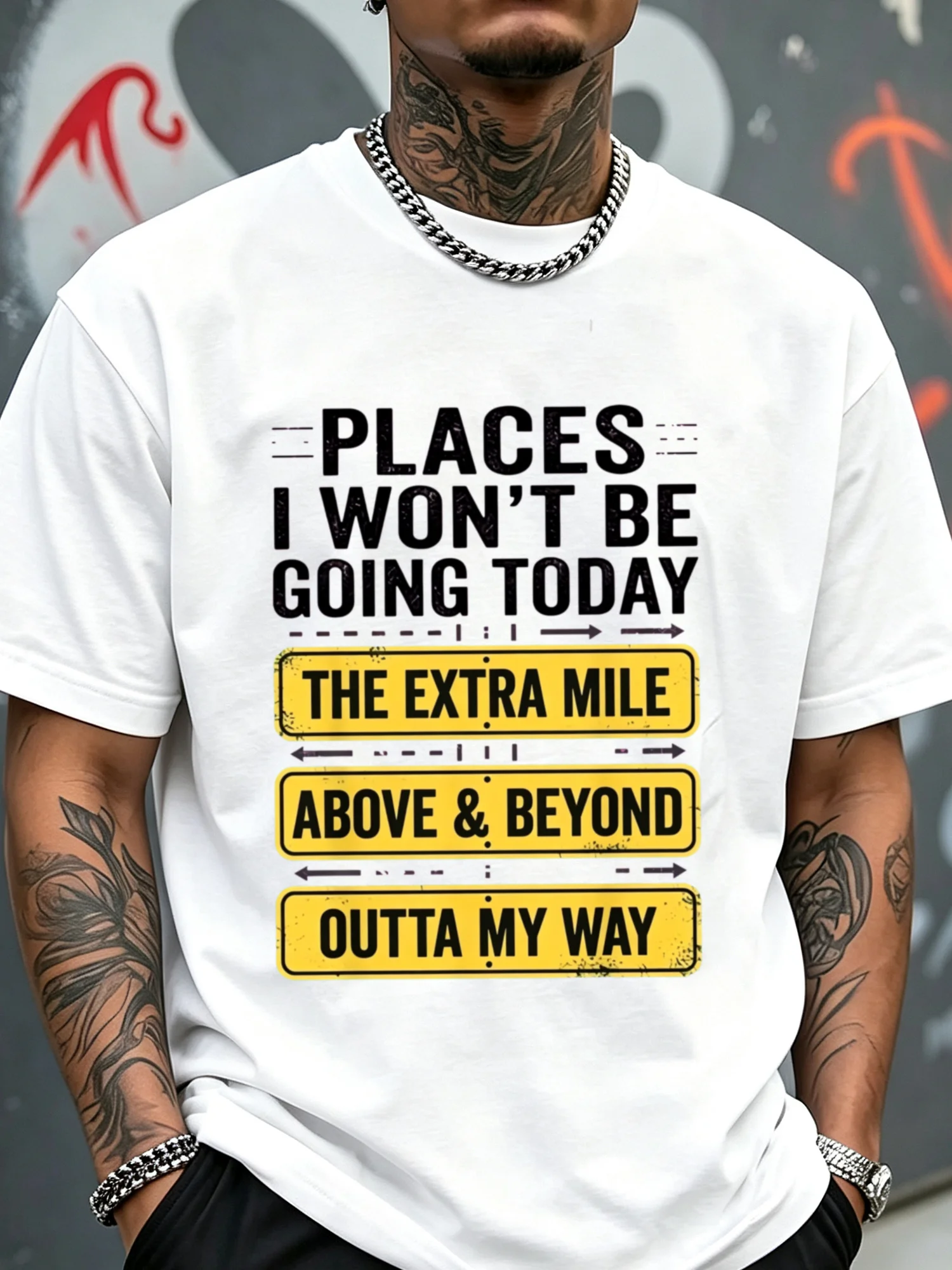 Men's Essential Black and White Crew-neck T-shirt Featuring A 'Places I'm Not Going Today' Graphic Print. Regular Fit; Comfortable, Casual, and Urban Style; Suitable for Year-round Wear; An Excellent Choice for A Holiday Gift.