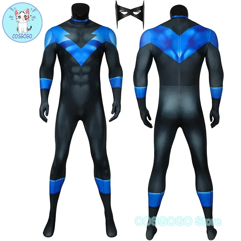 

COSGOGO Haloween Night Cosplay Wing Dick Cosplay Costumes Jumpsuit With Eye Mask Superhero Zentai Suit Men Clothes