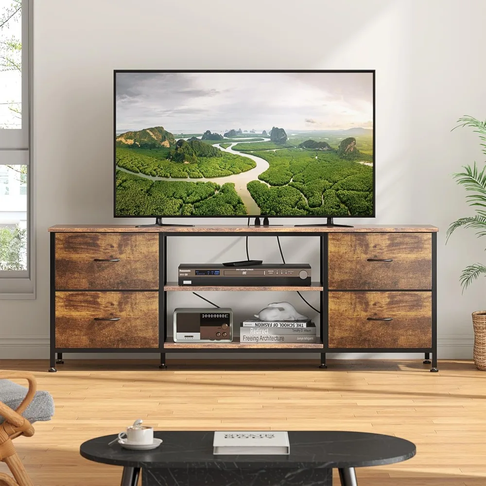 خزانة حامل تلفزيون لغرفة النوم مع 4 أدراج قماشية، مركز ترفيه مع مخرج طاقة لأجهزة التلفاز مقاس 55 بوصة، تتميز بخزائن مفتوحة