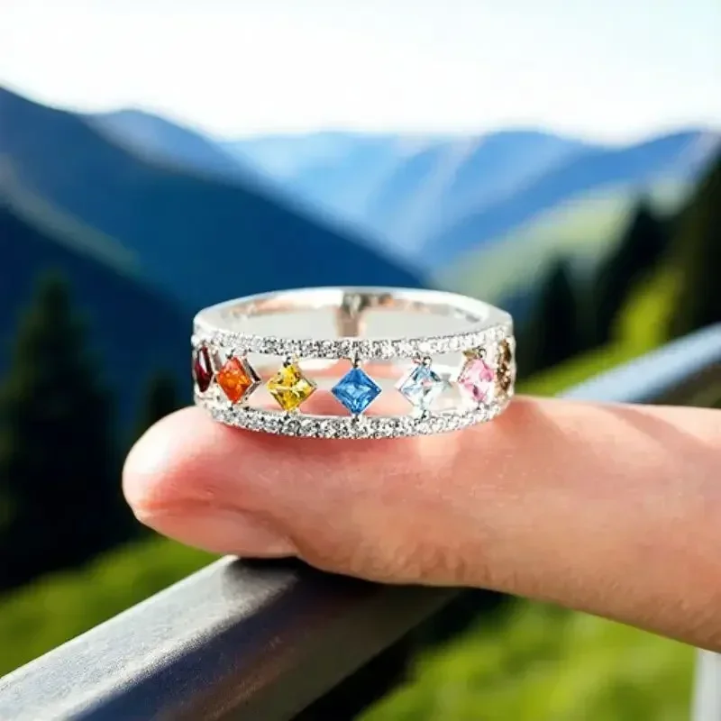 Colorful Diamond Geometric Double-layer Ring, Fashionable in Europe and America, Used for Attending Banquets and Accessories