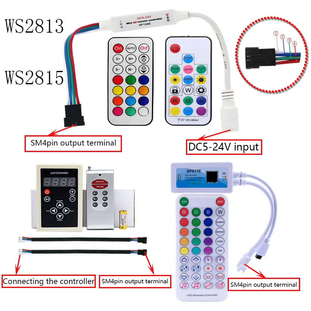 WS2815 WS2813 LED Light Controller Four Wire Full Color Controller RF 17key 21Key Remote Wireless+Fantasy Effect 4pin SM JST RGB