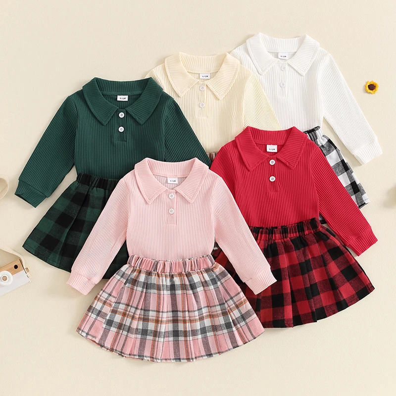 

Children Kids Girls Autumn Clothing Sets Solid Ribbed Long Sleeve Button T-shirts with Pleated Mini Plaid Skirts Xmas Outfits