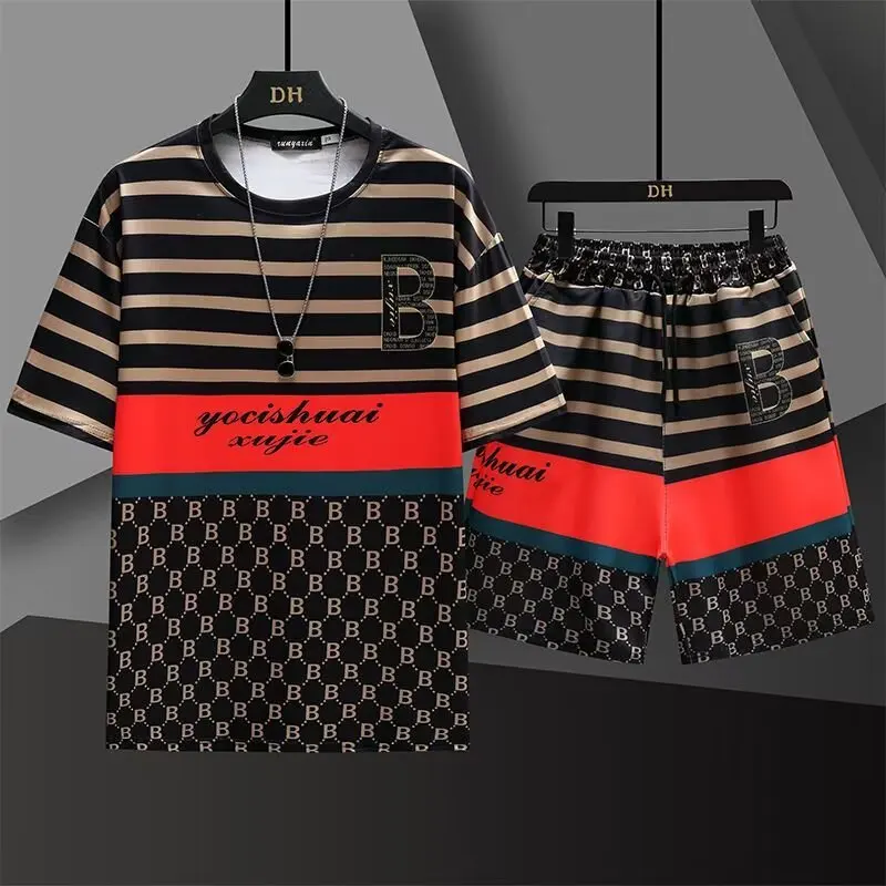 Summer new thin striped suit men's loose casual simple fashion trend breathable men's short sleeved t-shirt two-piece set shorts