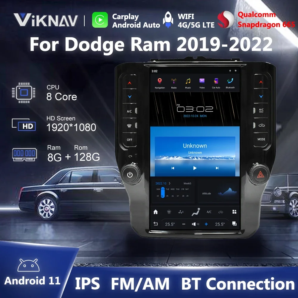 

12,1-дюймовый Android13 для Dodge RAM, автомобильный радиоприемник 2019-2022, замена авто стерео, GPS-навигация, мультимедийный плеер, сенсорный экран