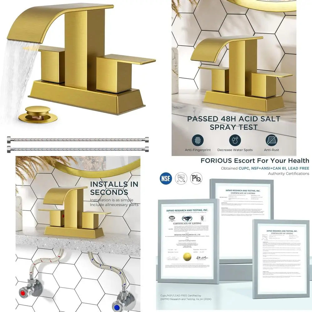 

4 Inch Centerset Brushed Gold Sink Faucet with Pop-Up Drain and Supply Lines for 2 or 3 Hole Installations