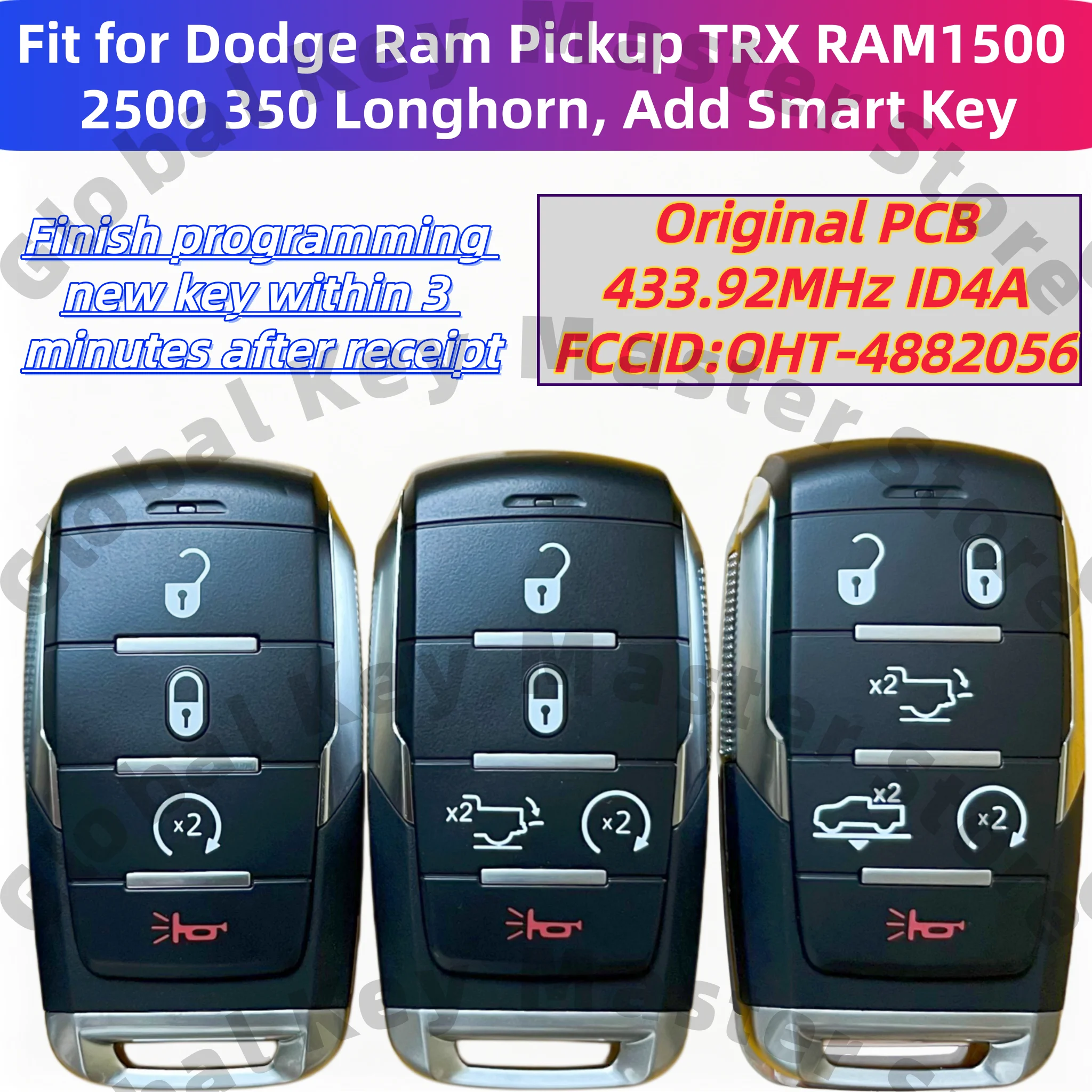 Five-Minute Key-Making Process for New Keys Suitable for Dodge Ram Pickup Trucks, T-Rex Ram1500 2500 3500, Longhorn, 433 Frequency, Fccid: Oht-4882056