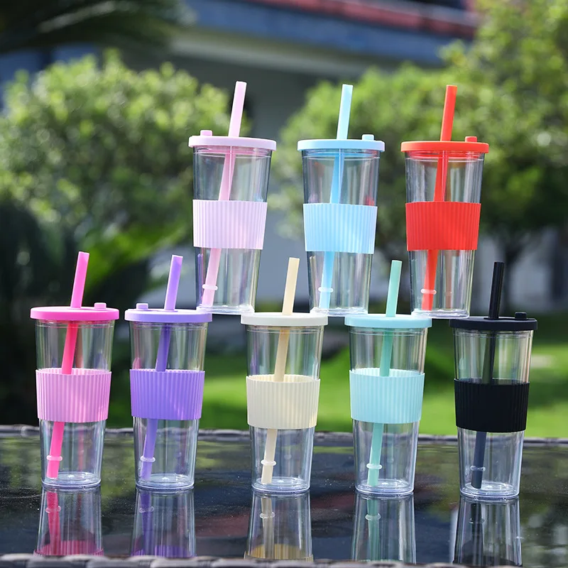 

710ML Reusable Double-layer Plastic Colored Straw Cup Coffee Summer Ice Cup Portable Sports Cup With Cup Sleeve,Gift To Friend
