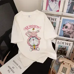 New Cartoon Doraenoon Cute Style Print Women T-Shirt Sanr Desihn T-Shirt Letter Street Tshirt Personality Short Sleeved