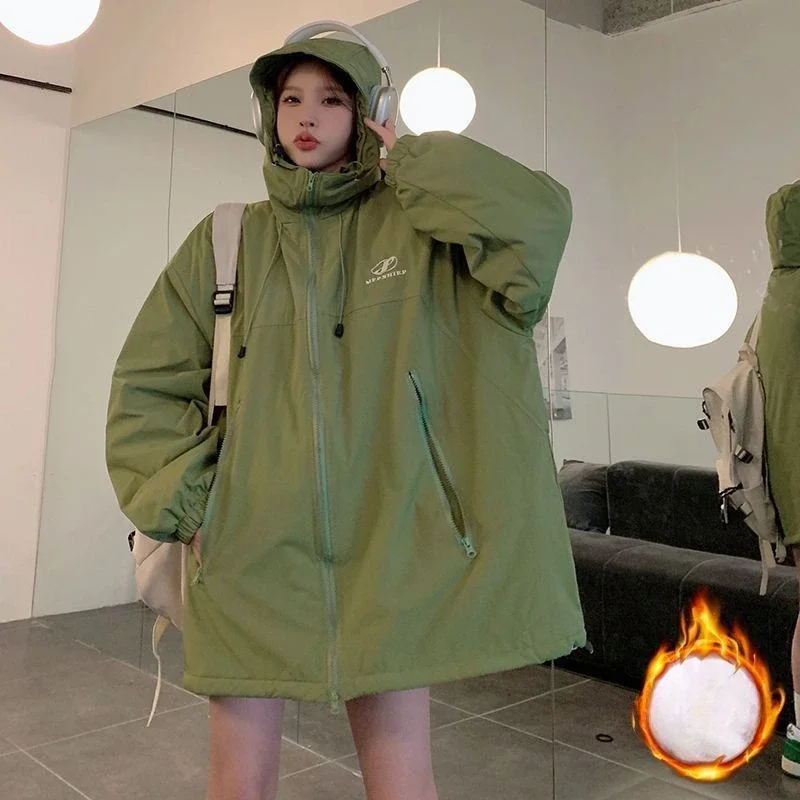 Hooded Parkas Women Plus Velvet Thicker Embroidery Waterproof Windbreak Long Sleeve Baggy Coats Winter Streetwear Zipper-up Ins