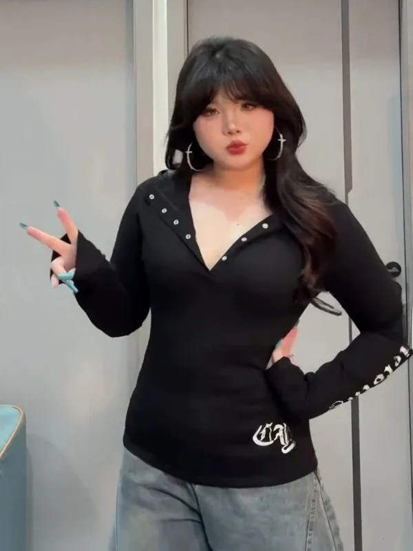

plus Size Punk Sle Long Sve Hoodie T-irt Women's Spring Sun Protection Belly Covering Slimming Top Casual Wear