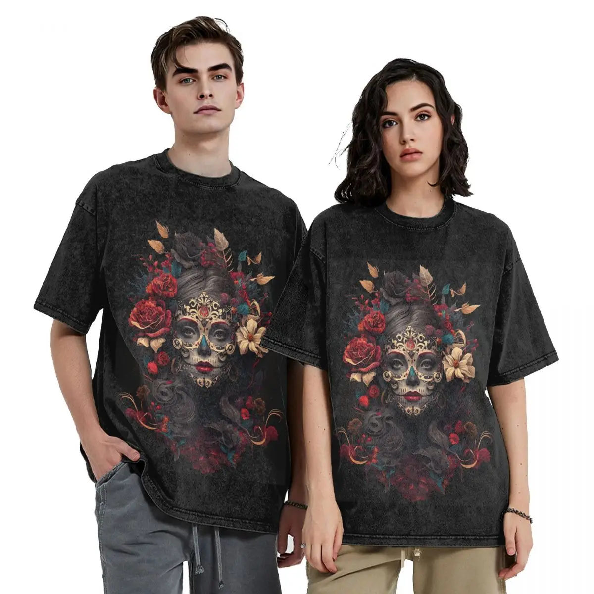 Mexican Catrina Girl Day Of The Dead Sugar Skull Washed T Shirts Oversized Short Sleeve Hip Hop T-Shirt Streetwear Tops Tees