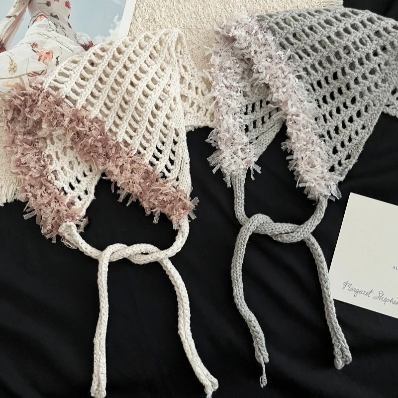 Korean Version of Pastoral Style Cut-out Raw Edge Crocheted Triangle Scarf Women's Summer Fashion Tassel Strap Knitted Headband