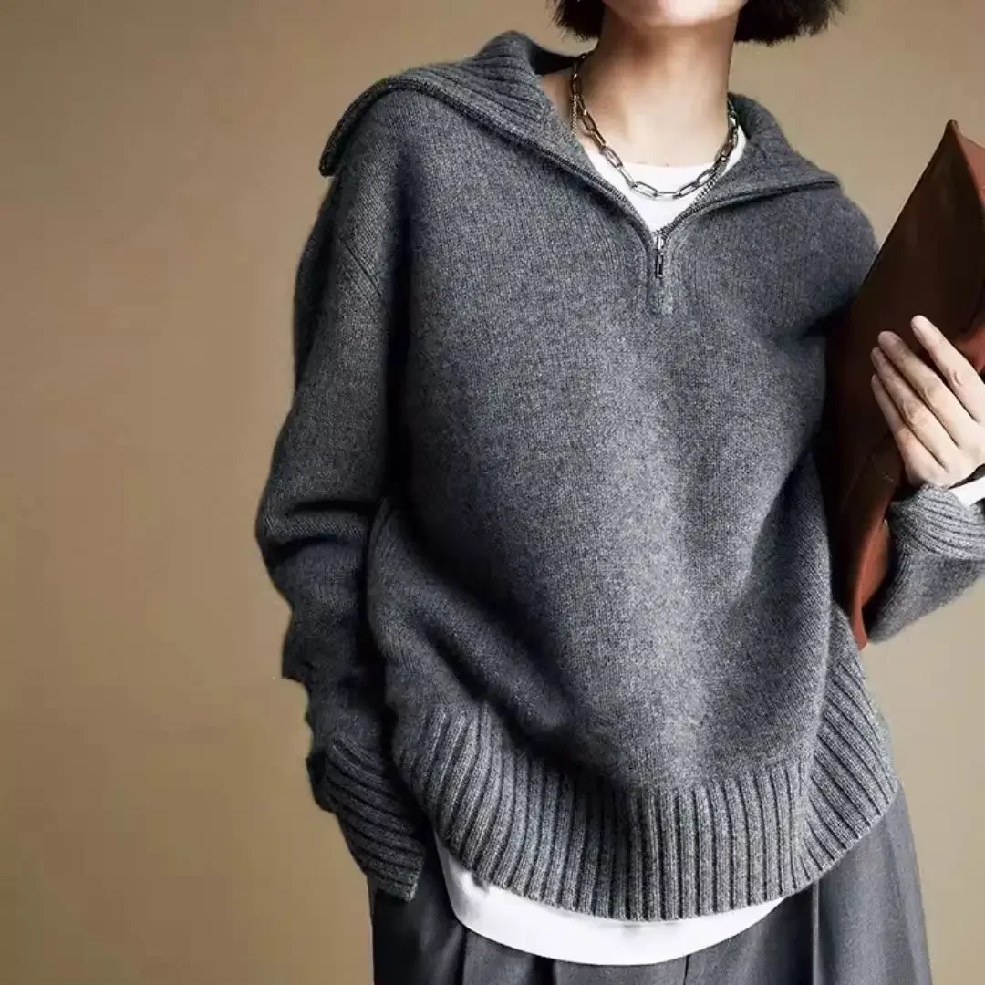 

Женский свитер из 100% шерсти, серый, с воротником на молнии до середины груди, свободный, повседневный, больших размеров, зимний