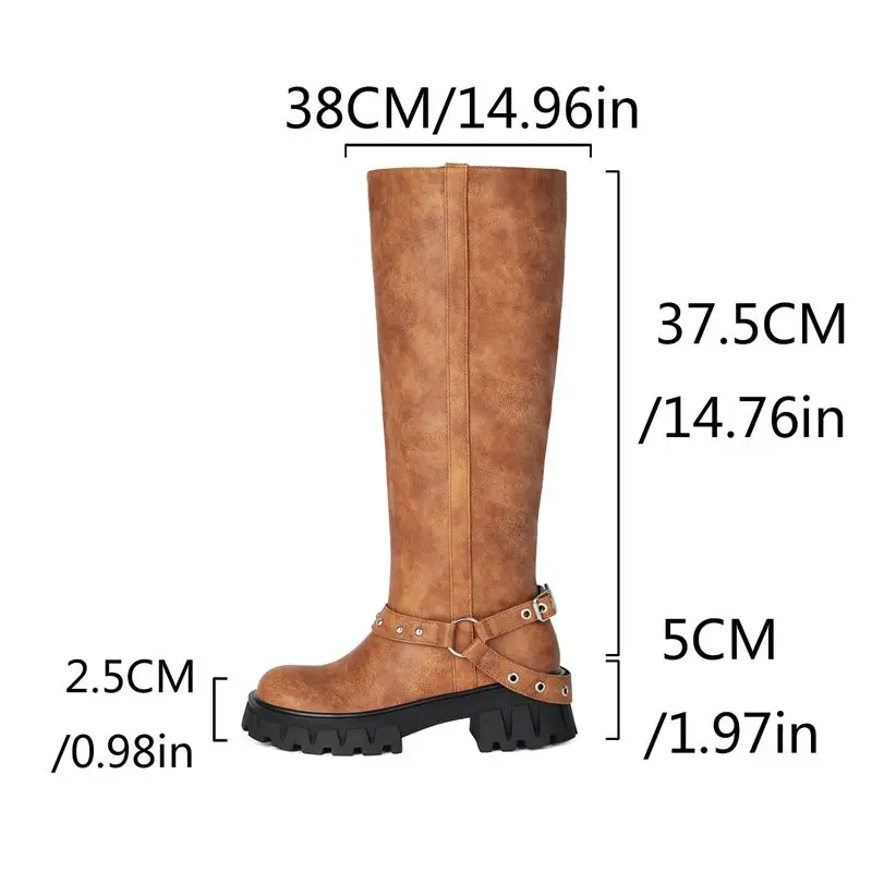 REAVE CAT Green Women Knee High Boots Round Toe 5cm Block Heel 2.5cm Platform Slip On Belt Buckle Big Size 41 42 43 Retro Botas