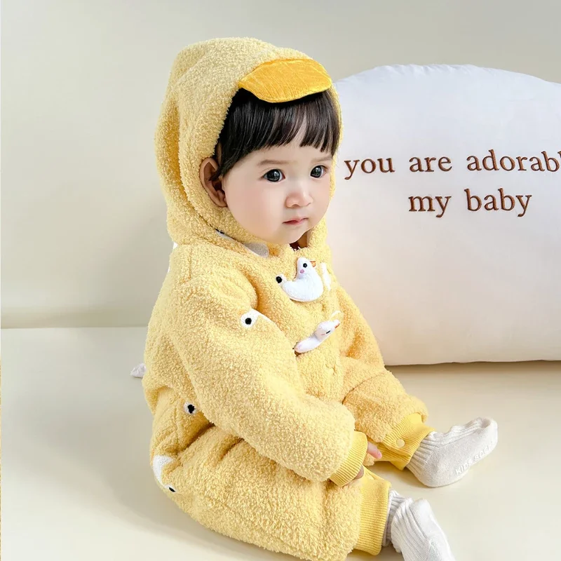 2024 Baby Clothes Girl Matching Autumn and Winter Fleece-Lined Newborn Bodysuit Korean Yellow Duck Warm Jumpsuit for Kids Outfit