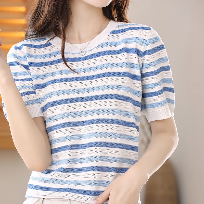 Striped Cotton T-Shirt  New Summer Minimalist Style Women\'s Casual Loose Short Sleeved Top Classic Versatile  Round Neck T-Shirt