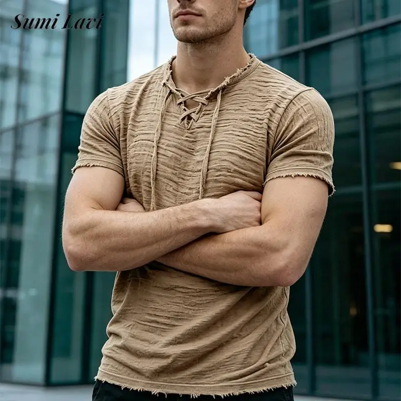 Fashionable Drawstring V Neck Ripped Tees Mens Summer Outdoor Loose Solid Color Breath T-shirt Men Short Sleeve T Shirt