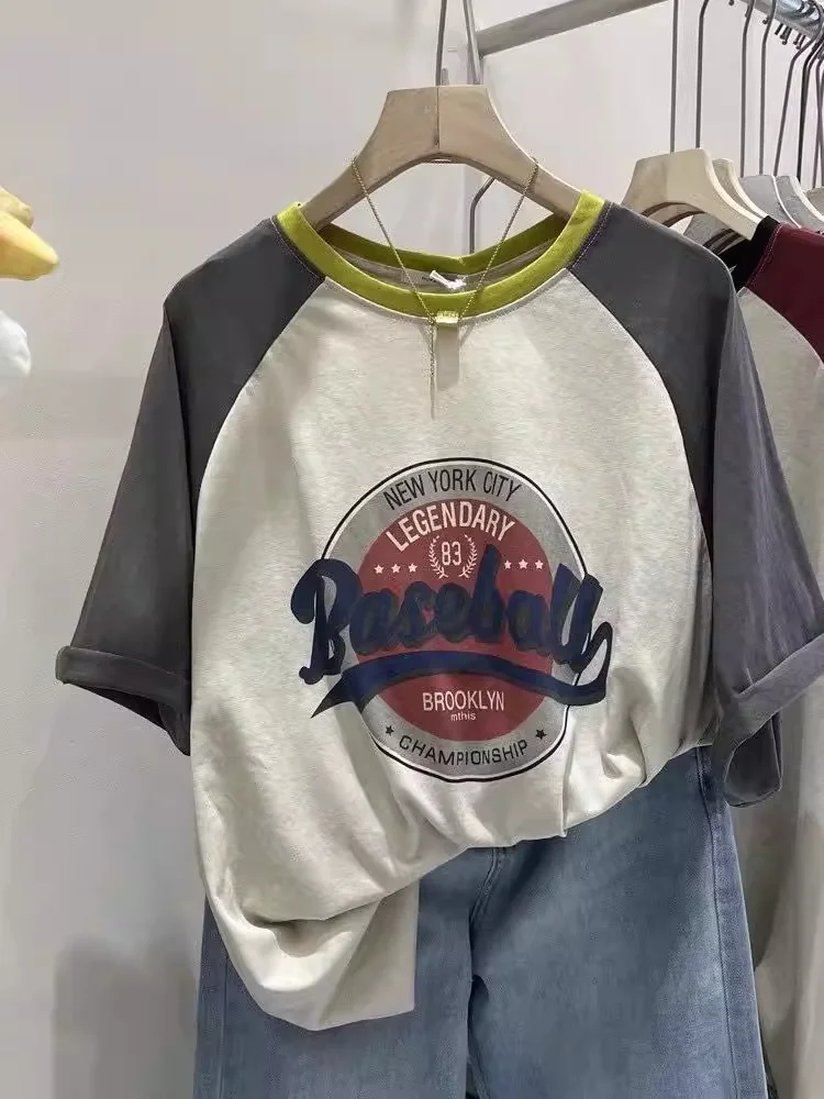 

Женская футболка больших размеров (до 300 фунтов) в стиле ретро с цветными блоками, коротким рукавом, летний дизайн, с буквенным принтом, с вставками на плечах, корейский стиль