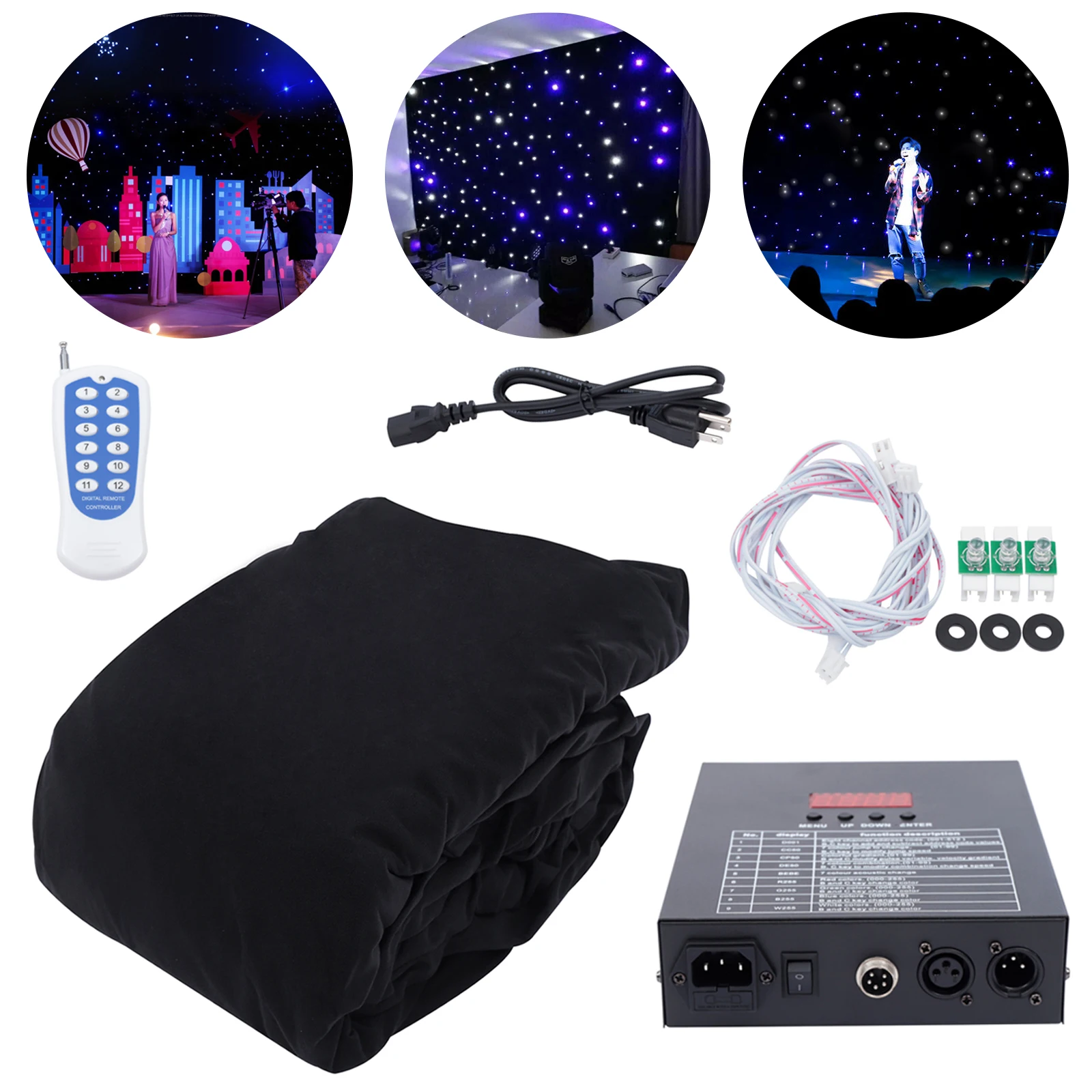 Wit en blauw LED-achtergrondgordijn Dubbellaags fluweel - Ongeveer 216 LED-kralen en 60 W vermogen, 9,84 * 13,12 ft formaat en binnen / buiten toepasbaar