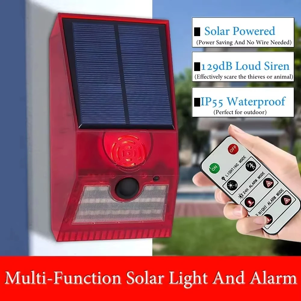 2-in-1 Solar Motion Sensor Remote Control Alarm Detector Alarm Light Waterproof 129 Decibel Alarm Light Suitable for Home Outdoo