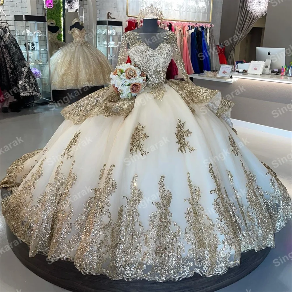 Robe de Rhà manches longues avec appliques de paillettes dorées, robes de luxe, maille de perles, robe de Rh, robe douce 16, tenue de soirée de Rh, Rotterdam Kly Quinceanera