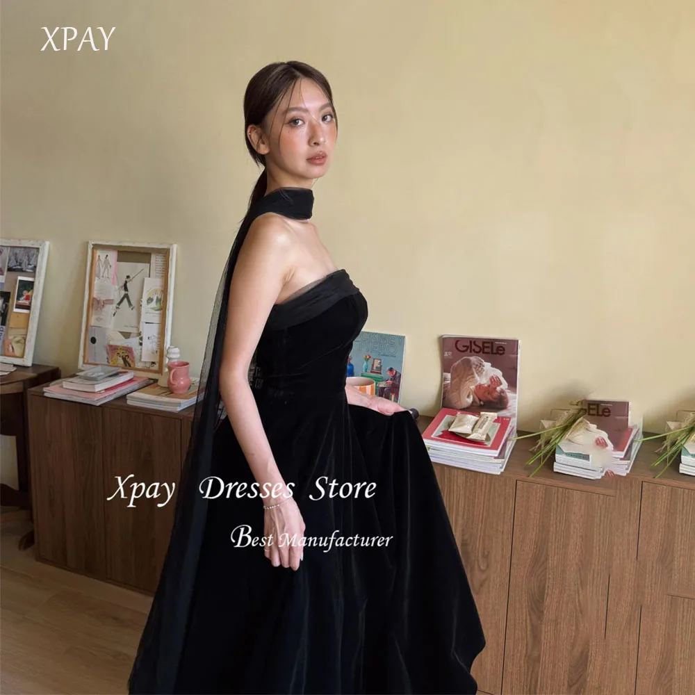 

XPAY Strapless Velvet Evening Party Dresses Korea Japan Wedding Party Photo shoot A-line Prom Gowns Formal Party Customized