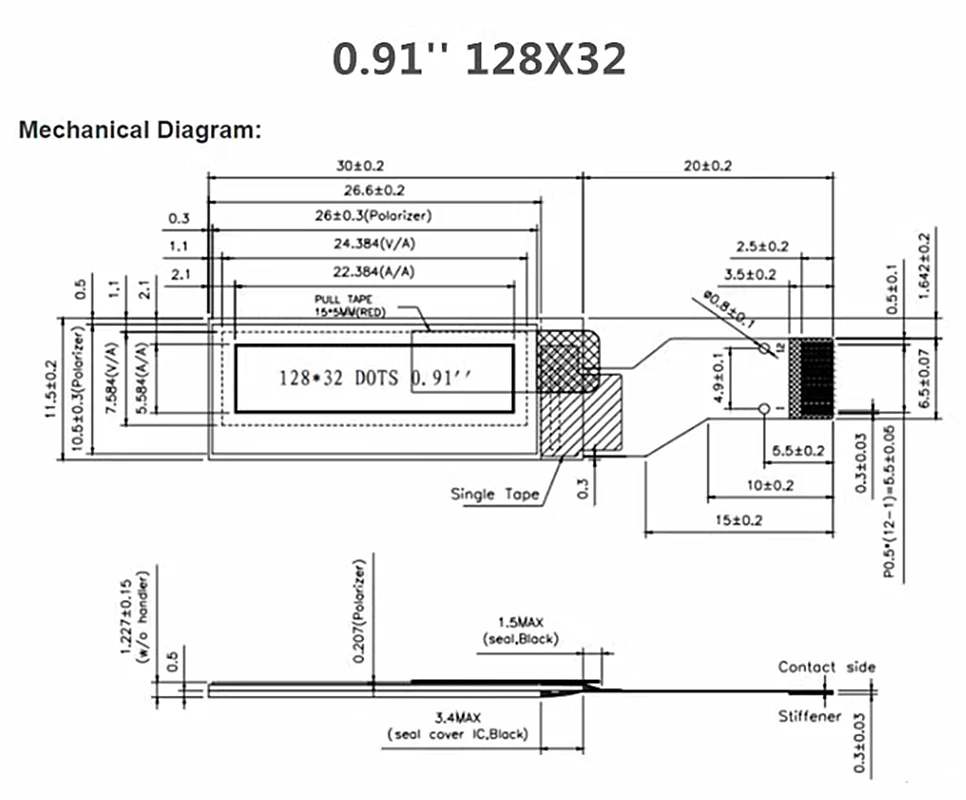 0.91 inch OLED blue word 12pin 12832 dot matrix screen drive SSD1306 serial port 0.91oled screen