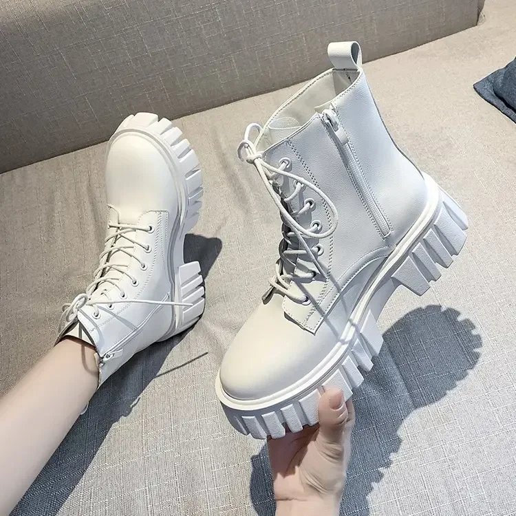 Chunky Platform White Ankle Boots Women Autumn Winter Pu Leather Combat Booties Mujer Punk Thick Bottom Motorcycle Boots