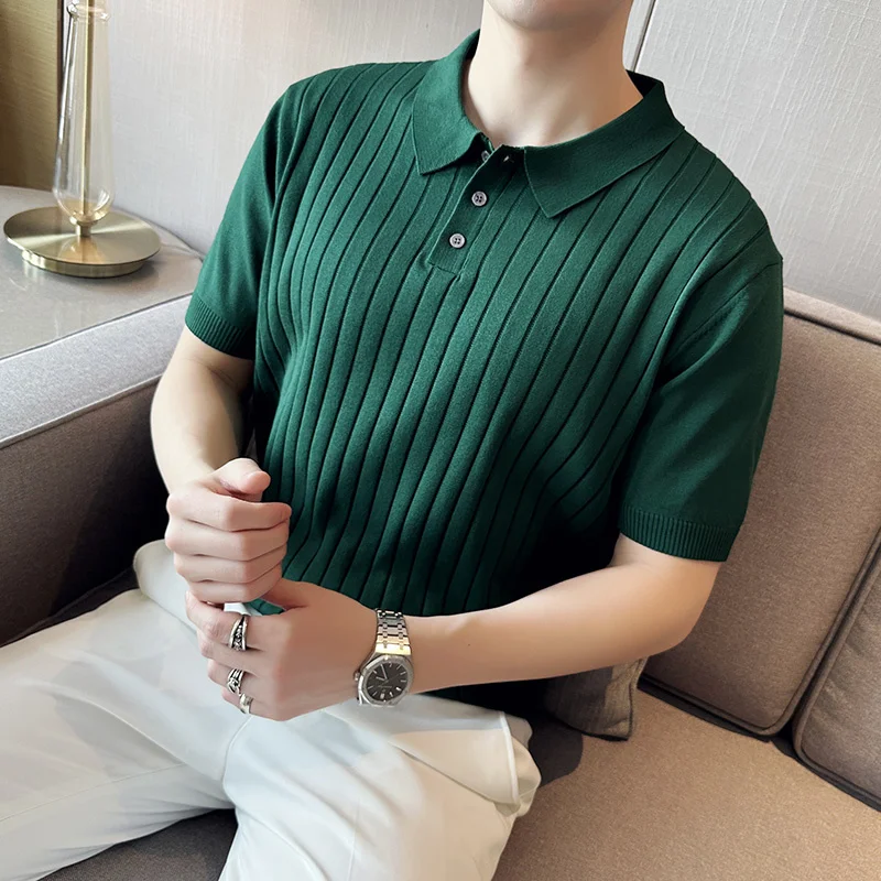 2023 Brand Clothing Men Knit Lapel Short Sleeve Men's T Shirt Slim Polo /Mens Summer with s 3XL