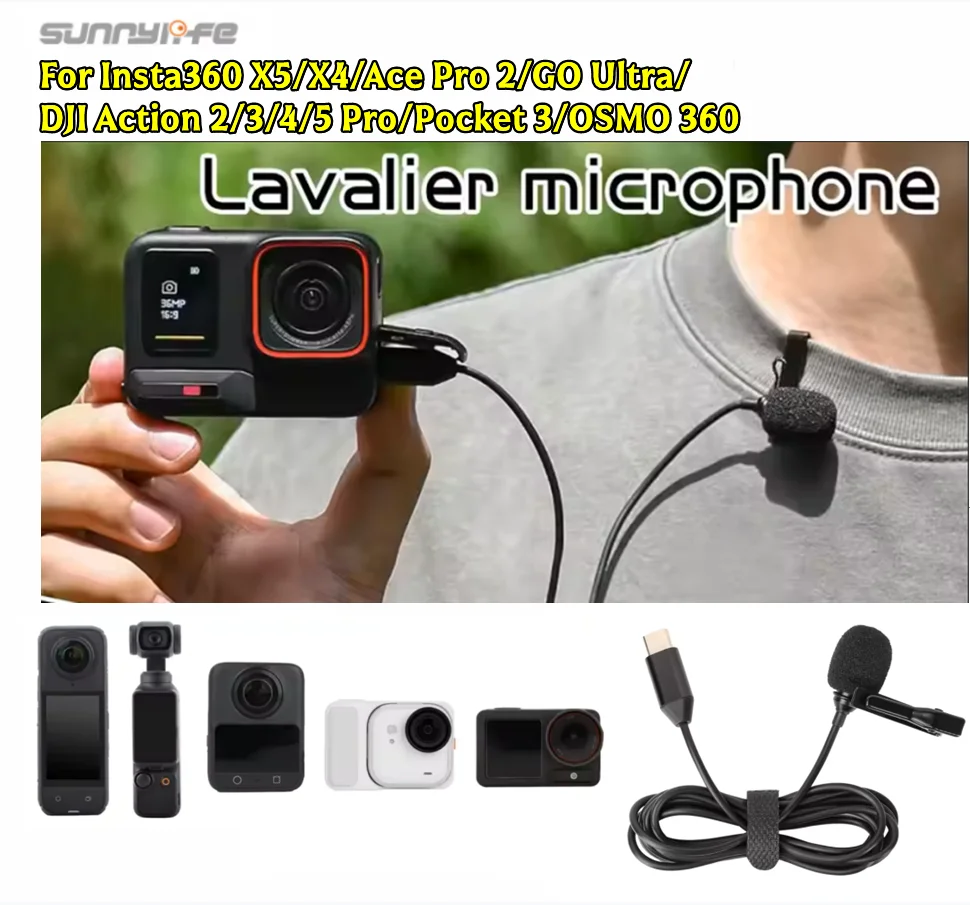 

Sunnylife Lavalier Microphone Mini USB Microphone Professional External Mic Microphone With Clip For Insta360 X5/X4/Ace Pro 2