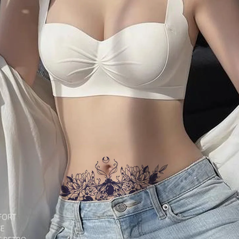 Flower-themed sexy temporary stickers for the abdomen and chest, waterproof, sweatproof, herbal juice, realistic tattoos