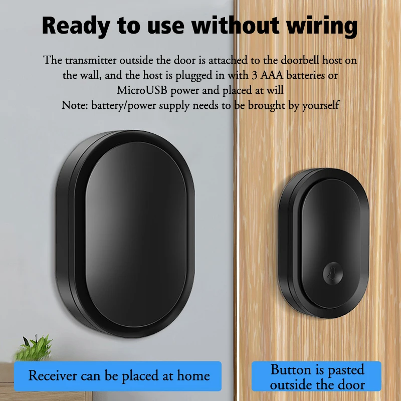 Black Home Waterproof USB or Battery Powered Wireless Doorbell 300M Smart Home Door Bell Chime Kit LED Flash Security Alarm