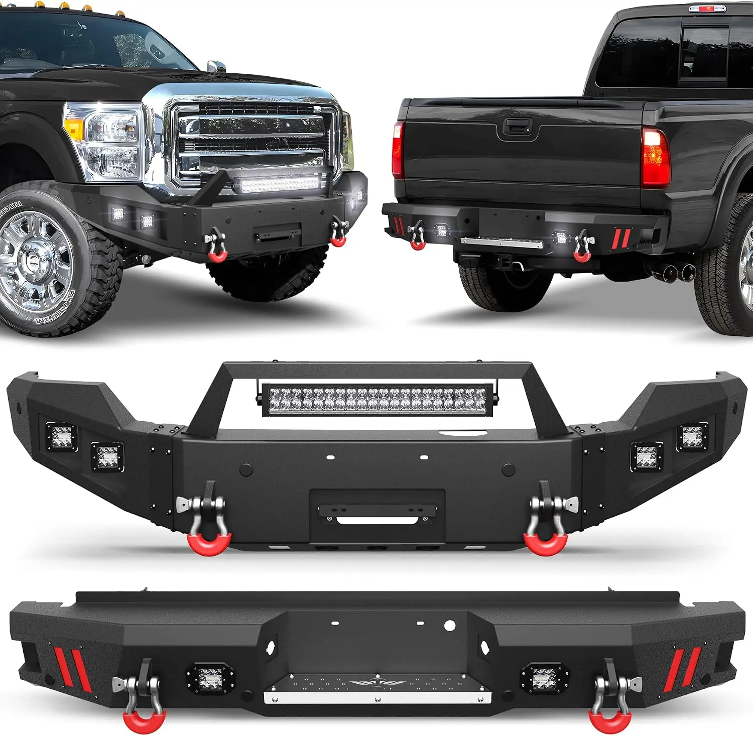 Steel Bumper Set for 2011-2016 Ford F250 F350 F450 Pickup with Winch Plate LED Lights D-Rings License Plate Bracket
