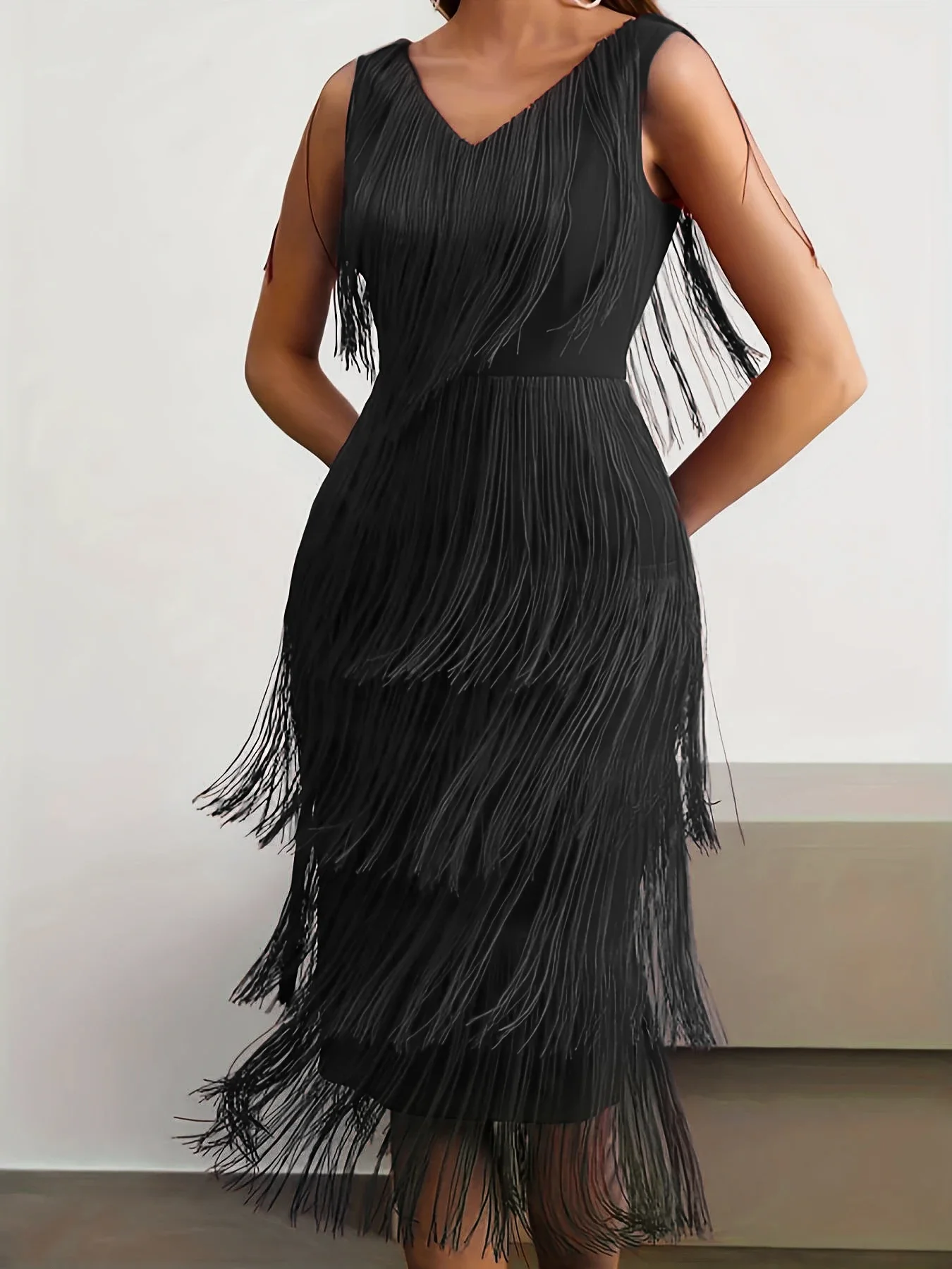 Czerwone sukienki z frędzlami Party V Neck Sleeveless High Waist Women Fringe Dance Evening Birthday Gowns Sexy Club New Loose Robe