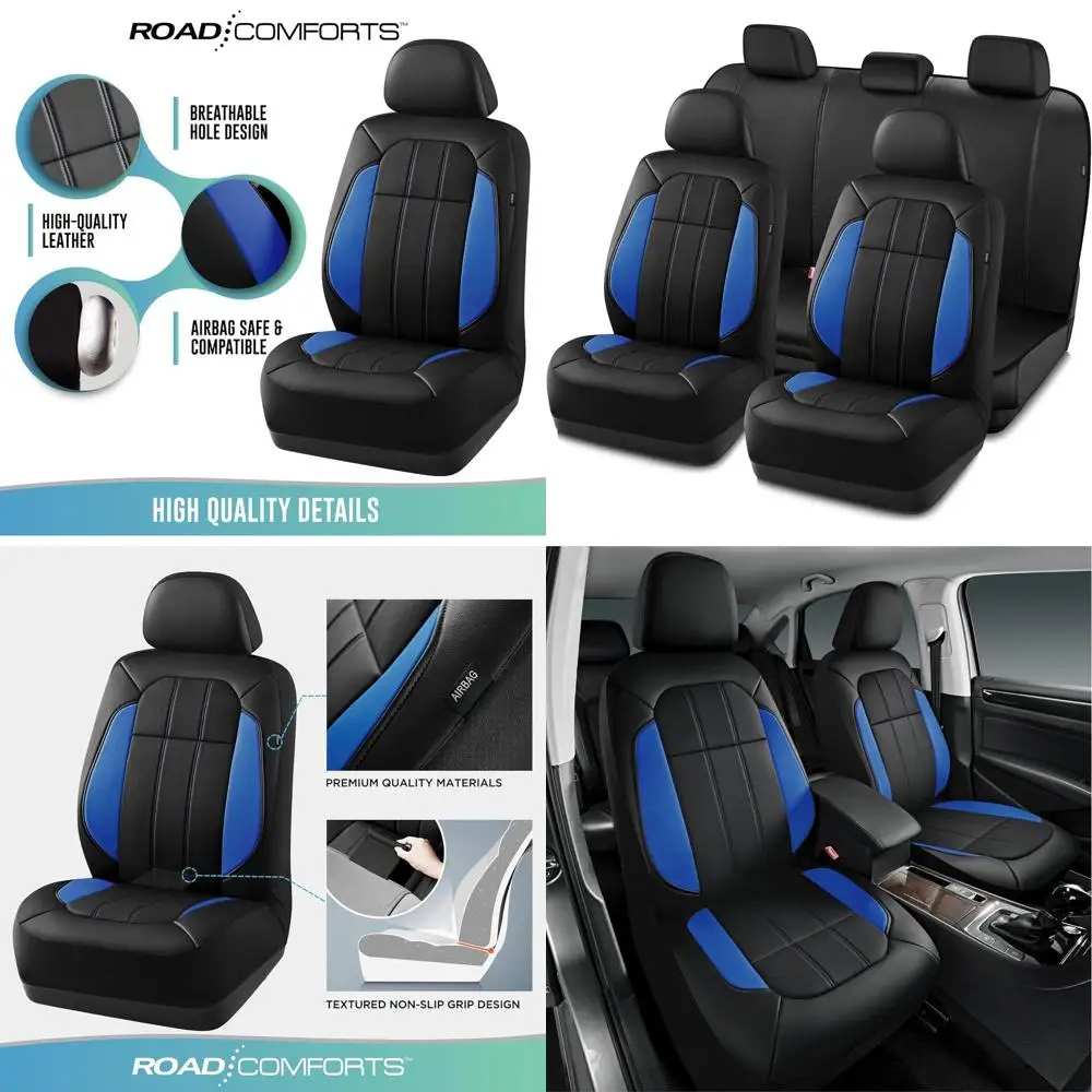 

Дышащие кожаные чехлы на автомобильные сиденья, полный комплект, совместимые с подушкой безопасности, подходят для автомобилей, фургонов, грузовиков, внедорожников — синий