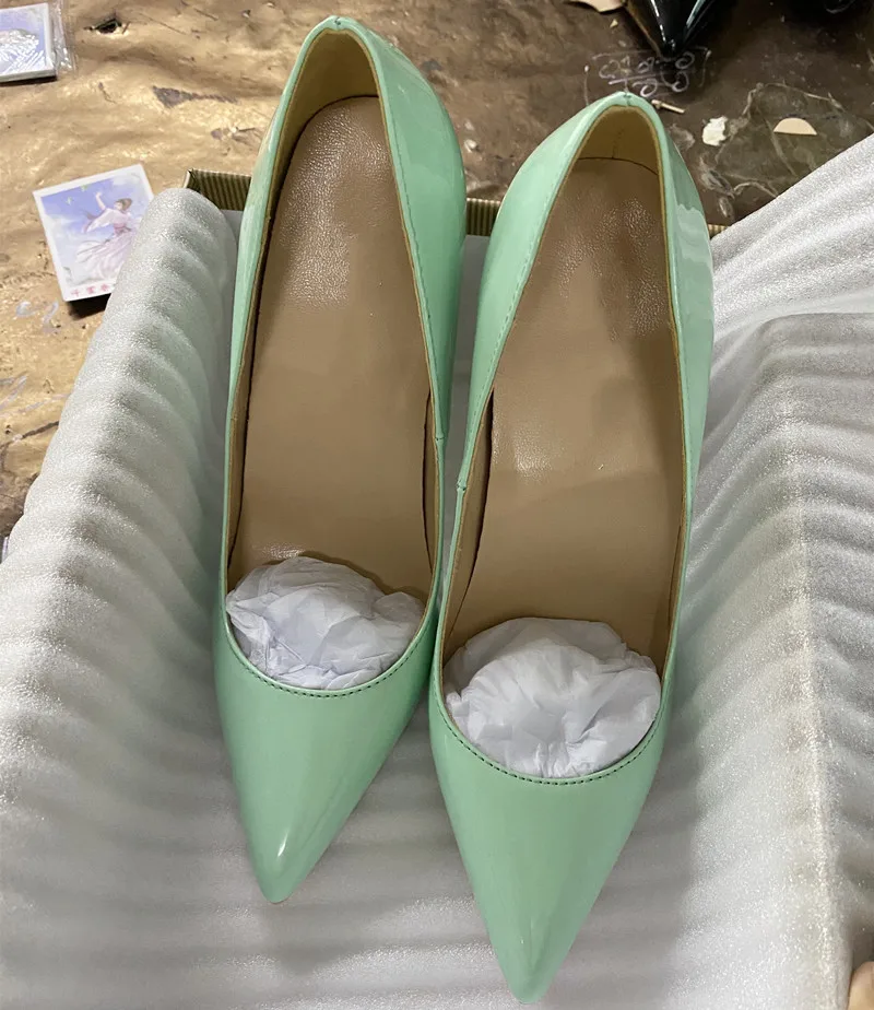 Heelgoo Women Solid Mint Green Patent Pointy Toe High Heel Shoes OL Elegant Comfortable Slip On Stiletto Pumps Plus Size 45 46