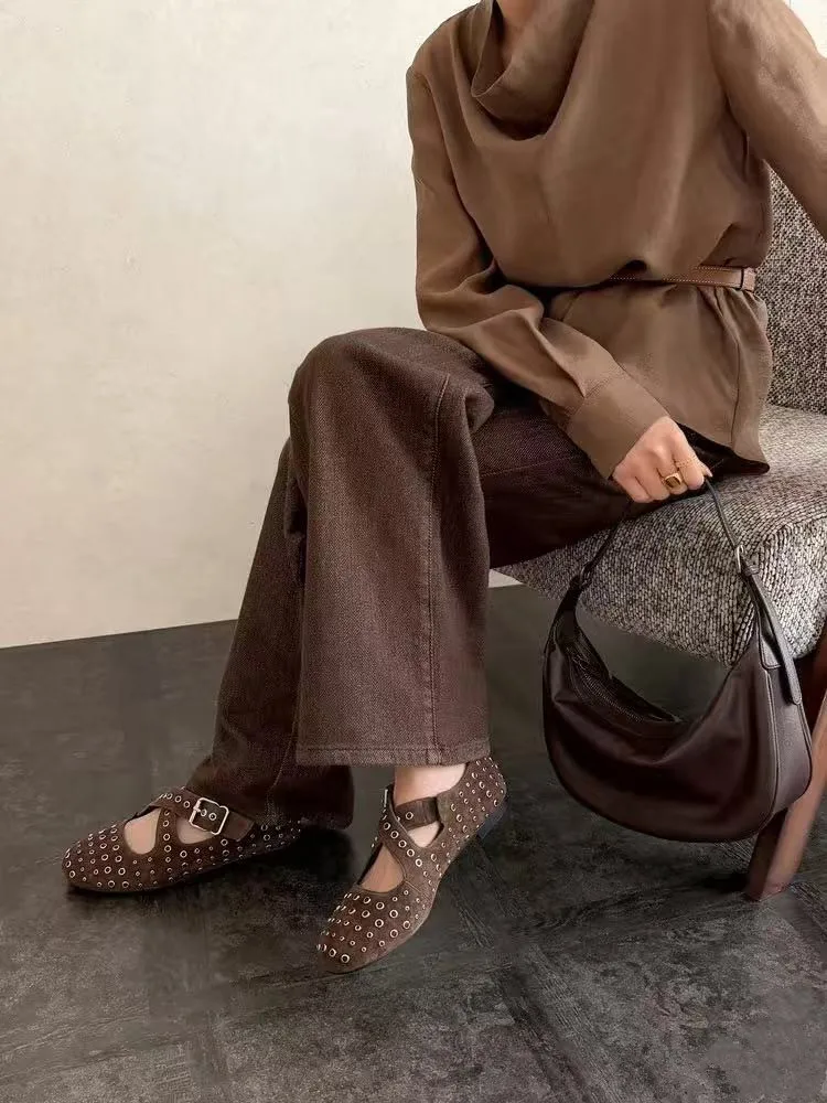 Designer Rivet Leather Mary Jane Shoes Women's Flat Bottom One Button Cross Ballet Shoes Retro Versatile Single Shoes