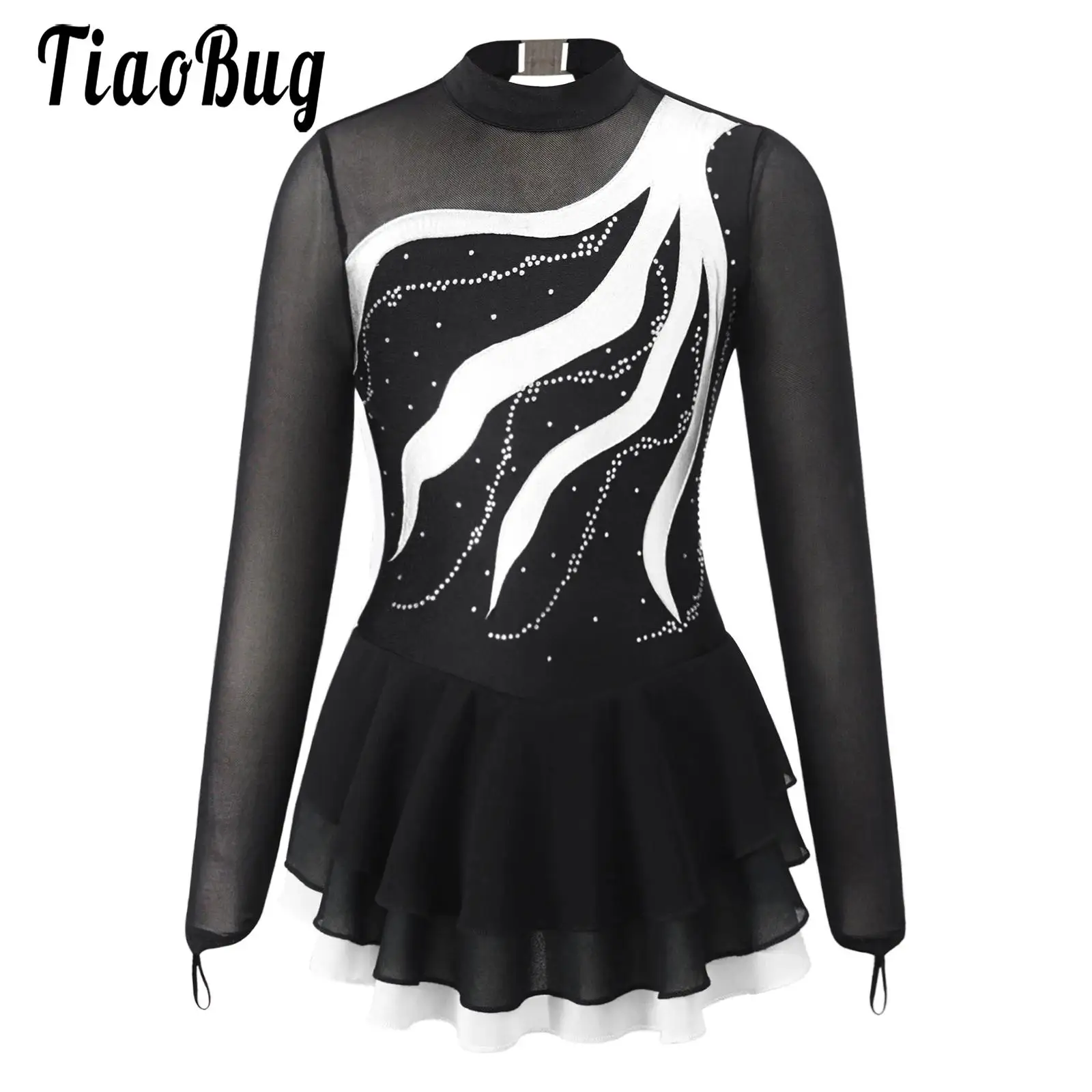 

Girls Figure Skating Leotards Gymnastic Dress Sheer Mesh Long Sleeve Tutu Dance Dress Performance Competition Dresses for Kids