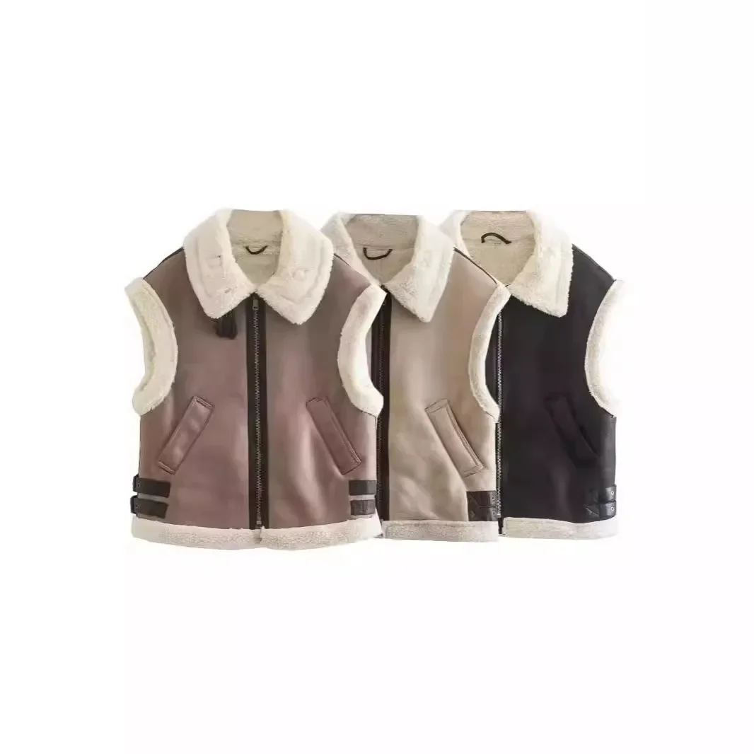 2024Autumn/Winter New Product Women's New Fashion Casual Polo Neck Zipper Tri Color Fleece Panel Tank Top Three color fleece
