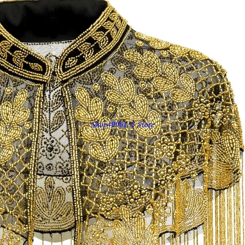Q0KE Beaded Fringe Shawl for Women, Lightweight Open Front Shoulder Wrap for Party Evening and Stage Wear Styling Use