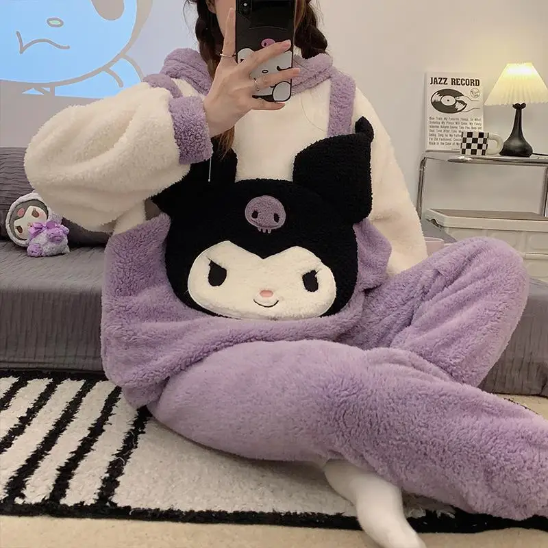 New Kuromi Coral Velvet Pajamas Women Autumn Winter Flannel Thickened Two Piece Warm Household Clothes Can Be Worn Externally