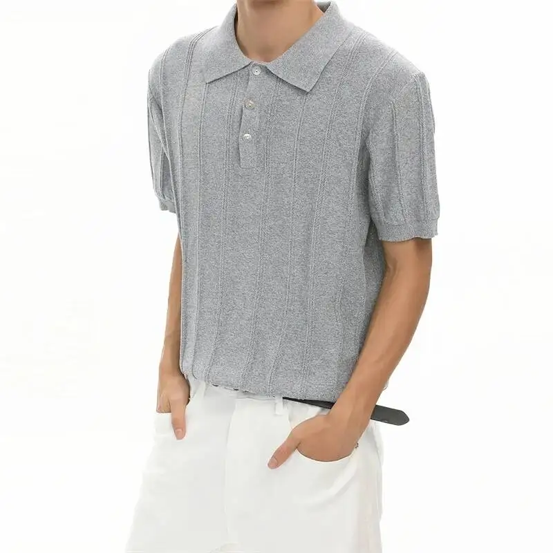 Men's Classic Old Money Style Turn Down Collar Knit Short Sleeve T-shirt Minimalist Grey Striped Casual Fashion Tee 8N3R
