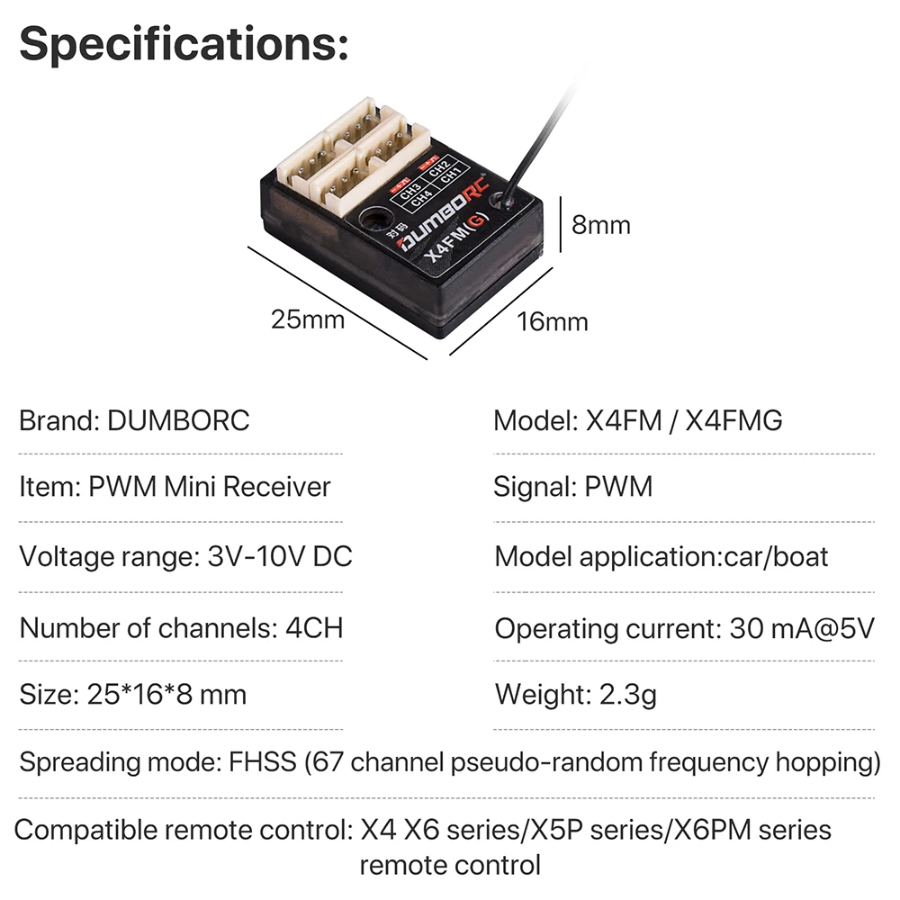 Odbiornik DumboRC X4FM / X4FMG Gyro 4CH PWM Mini odbiornik do DumboRC X6 X6PM X5P X4 Nadajnik RC Mini DIY RC Drifting Car Boat