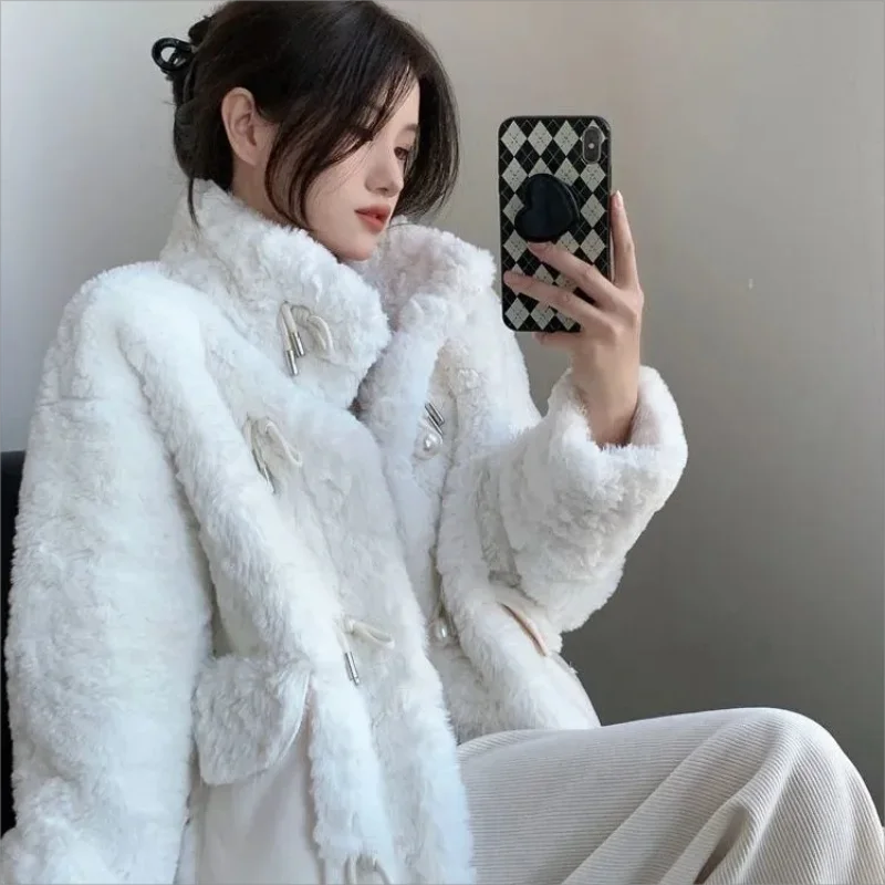 Stand Neck Faux Fur Jacket for Women Korean Fashion Long Sleeve Thicken Plush Coat Woman Faux Lamb Wool Warm Outwear