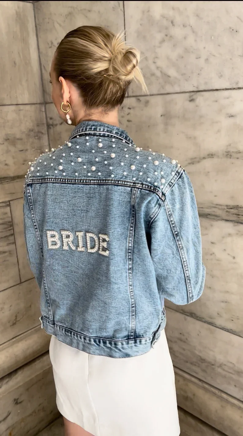 Bruid Strass En Parel Denim Jacket Custom Mevrouw Jean Jas Wifey Denim Gepersonaliseerde Bruids Bruiloft Jas Bruid Om Jassen